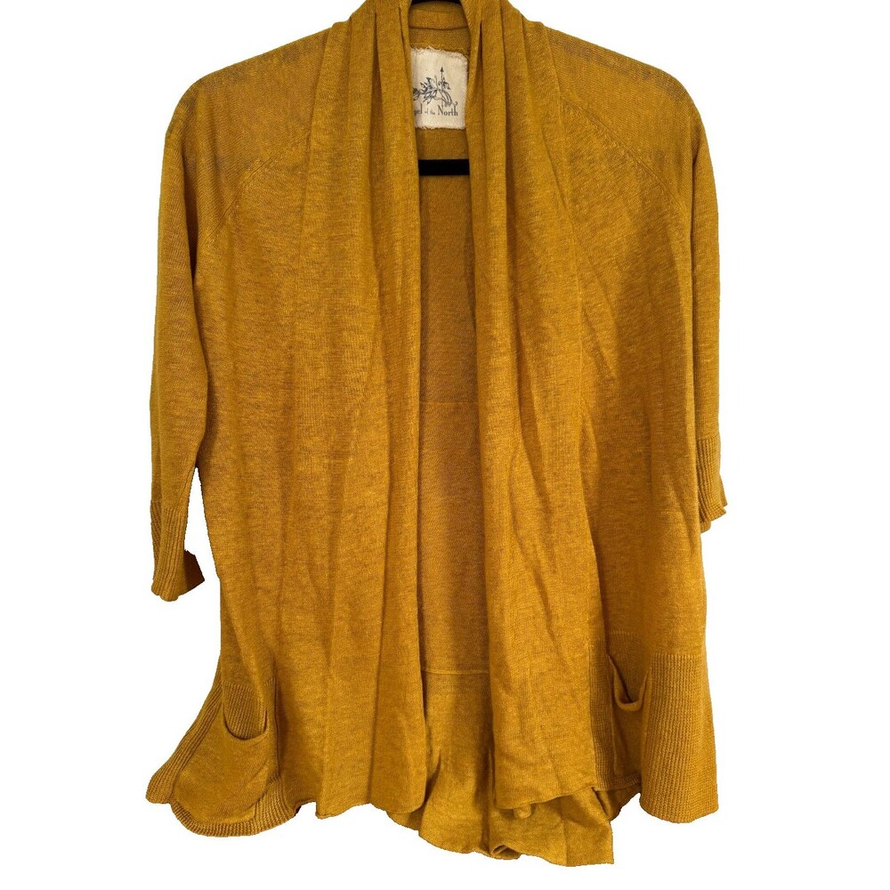 Mustard Yellow Boho Dopamine Ruffle Back Cardigan Sweater, XS, 3/4 Sleeve